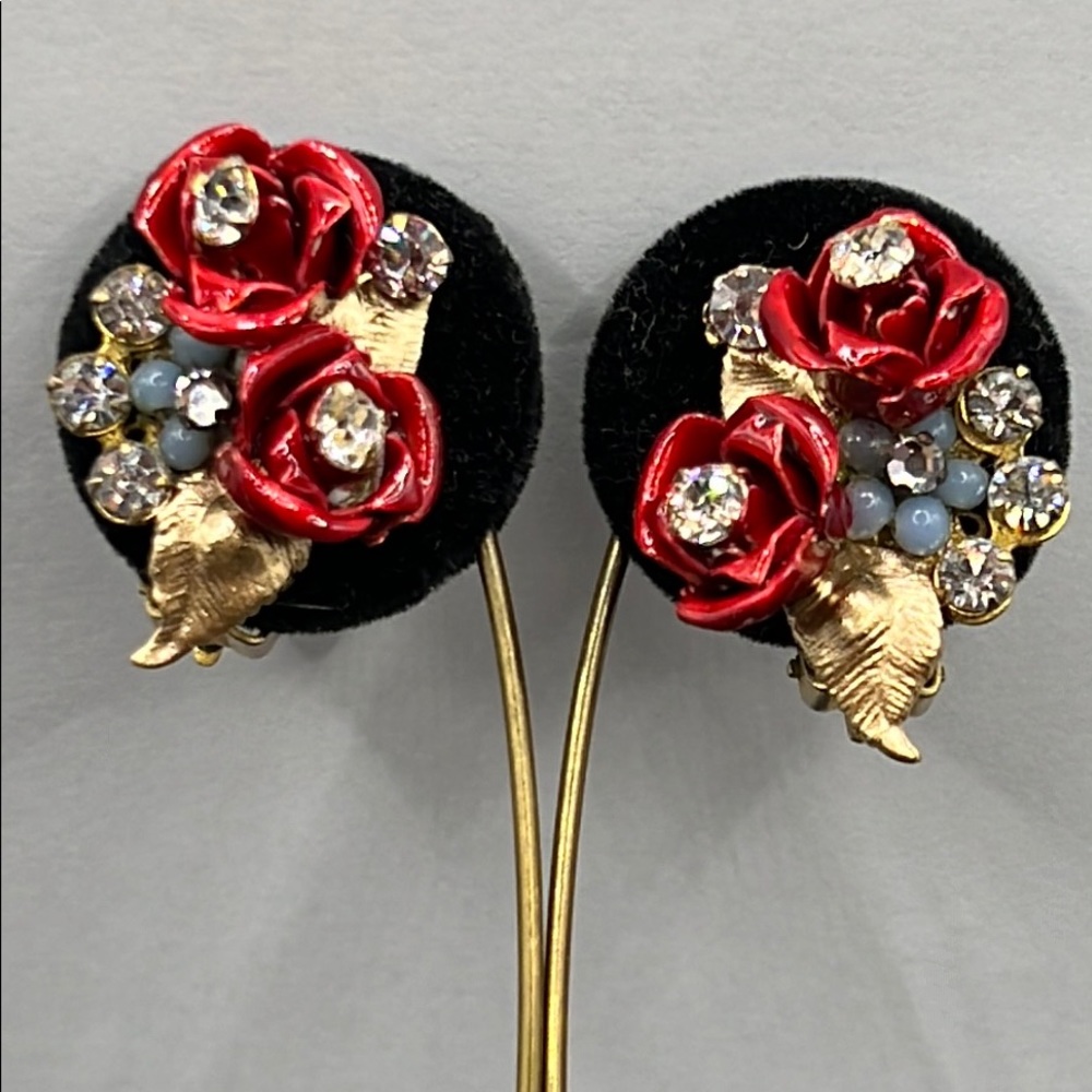 Vintage Robert red rose rhinestone earrings